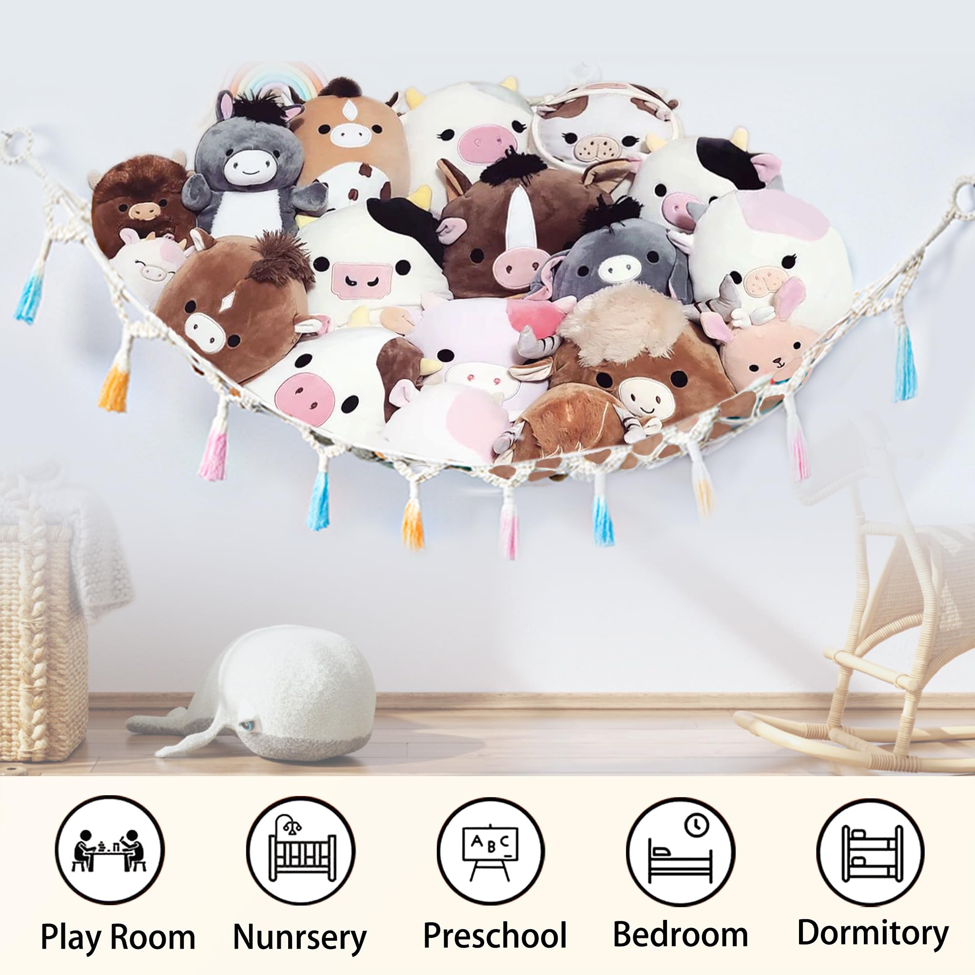 Yewiwin beige nursery decor hammock storage keeps stuffed animals neatly within reach.