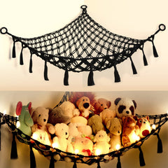Yewiwin stuffed animal organizer macrame hammock mounted on wall saves space while showcasing toys.