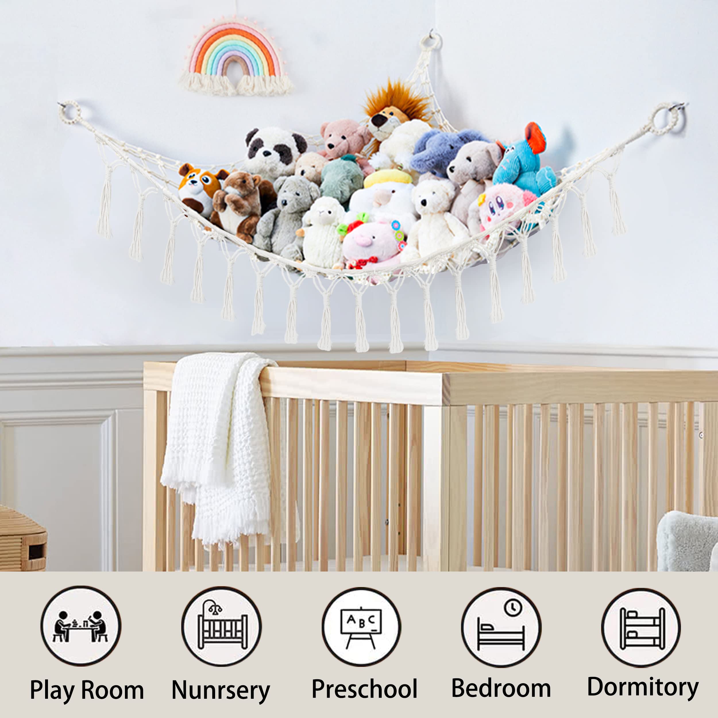Yewiwin macrame toy hammock in beige highlights boho decor and organized playroom.