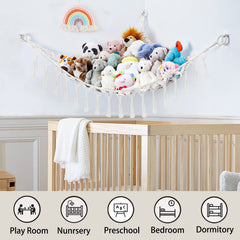 Yewiwin macrame toy hammock in beige highlights boho decor and organized playroom.