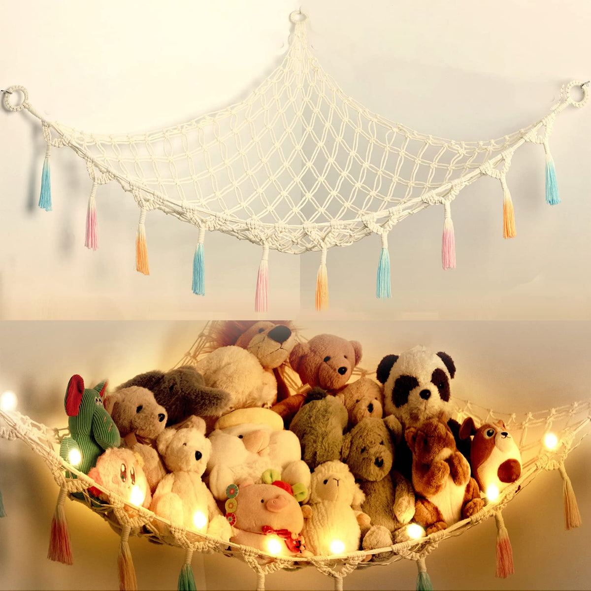 Yewiwin stuffed-animal-net macrame closeup shows sturdy weave for organized toy storage.