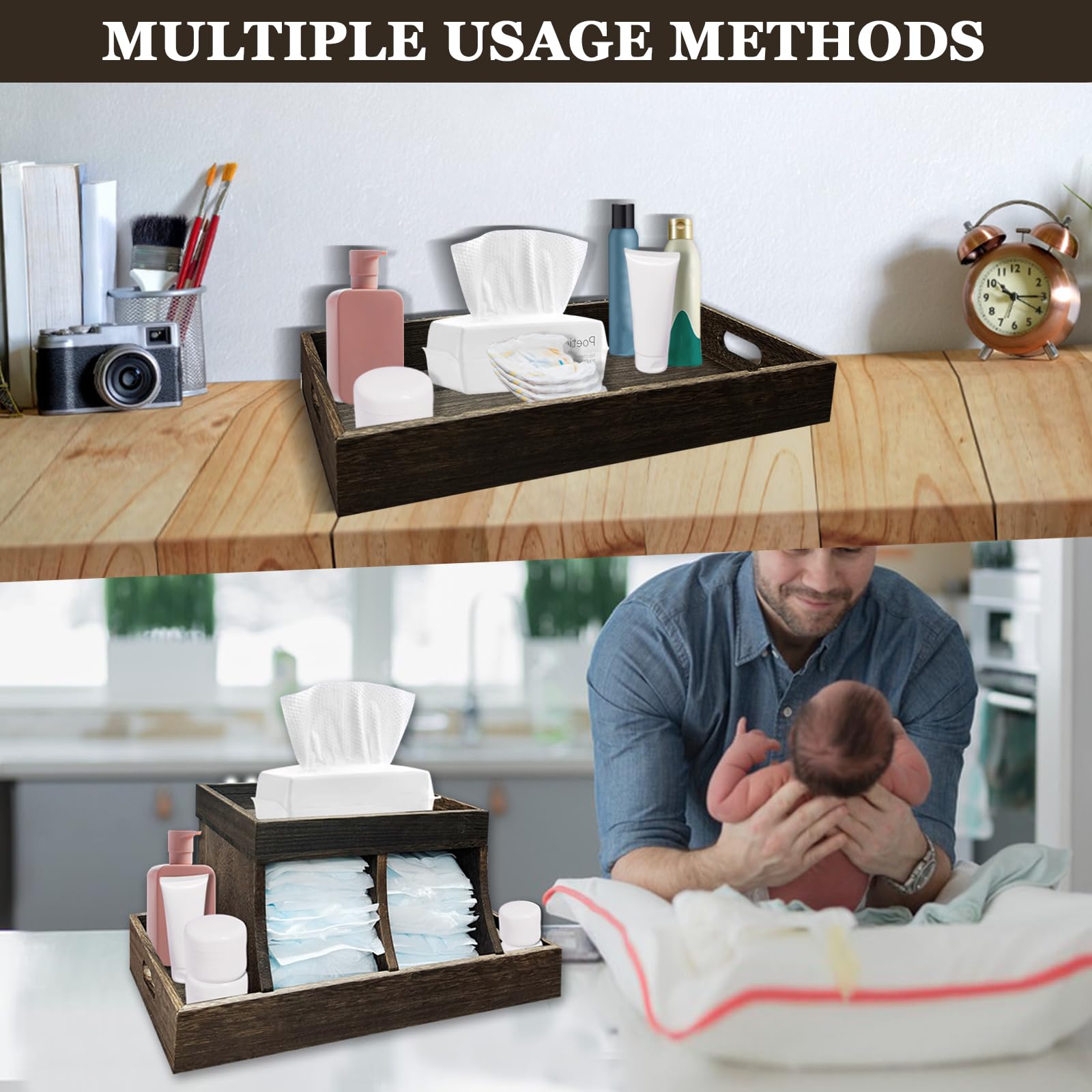 YEXEXINM diaper caddy five partitions organize diapers, wipes, and essentials.
