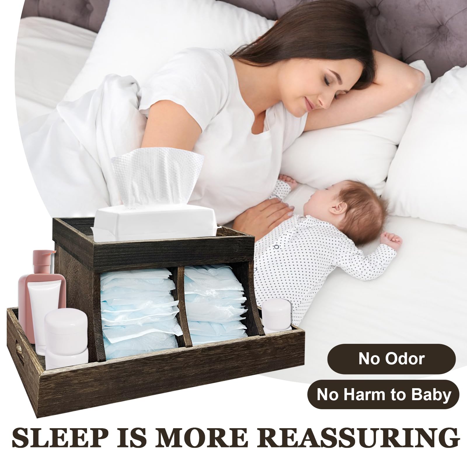 YEXEXINM diaper caddy natural wood finish adds warm nursery style.