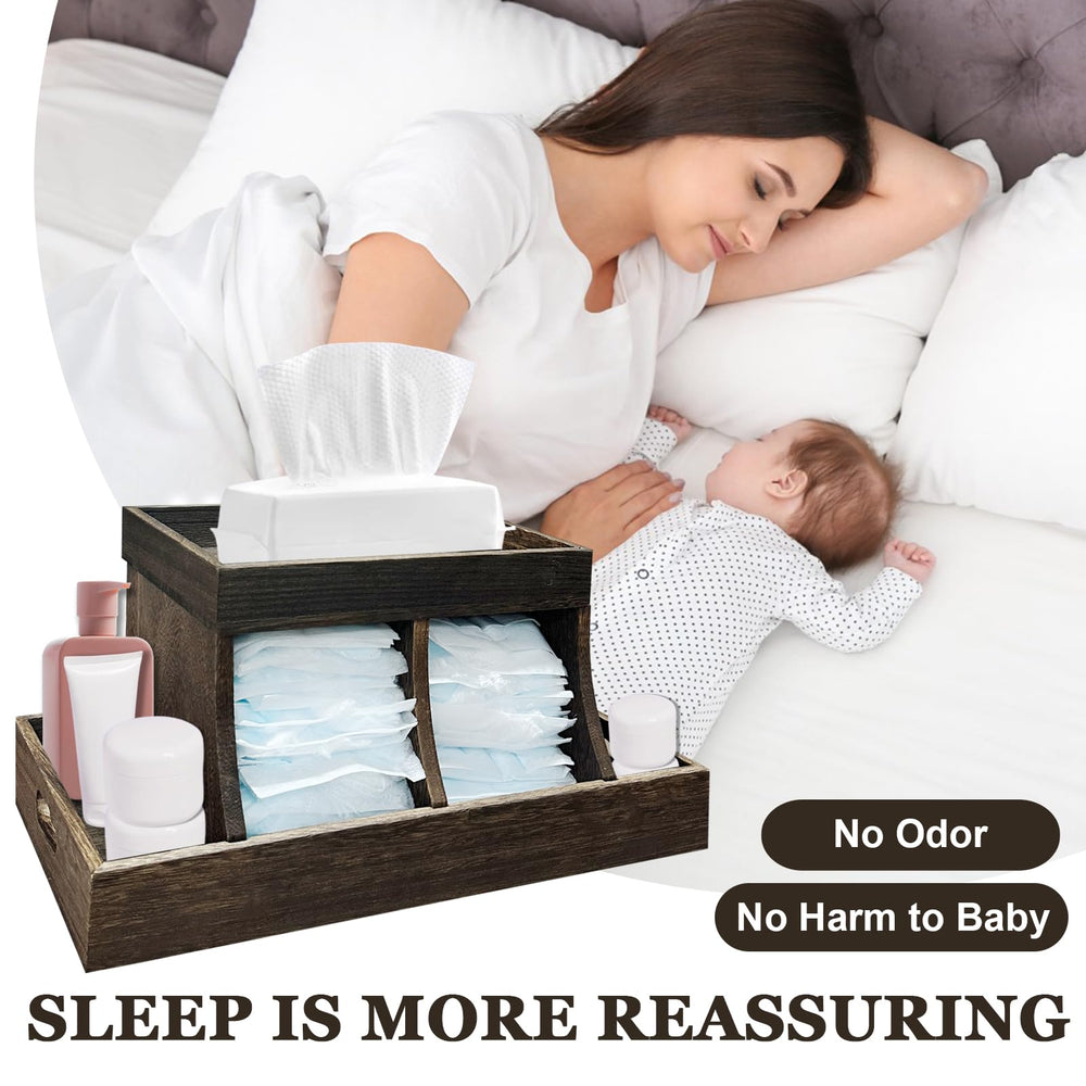 YEXEXINM diaper caddy natural wood finish adds warm nursery style.