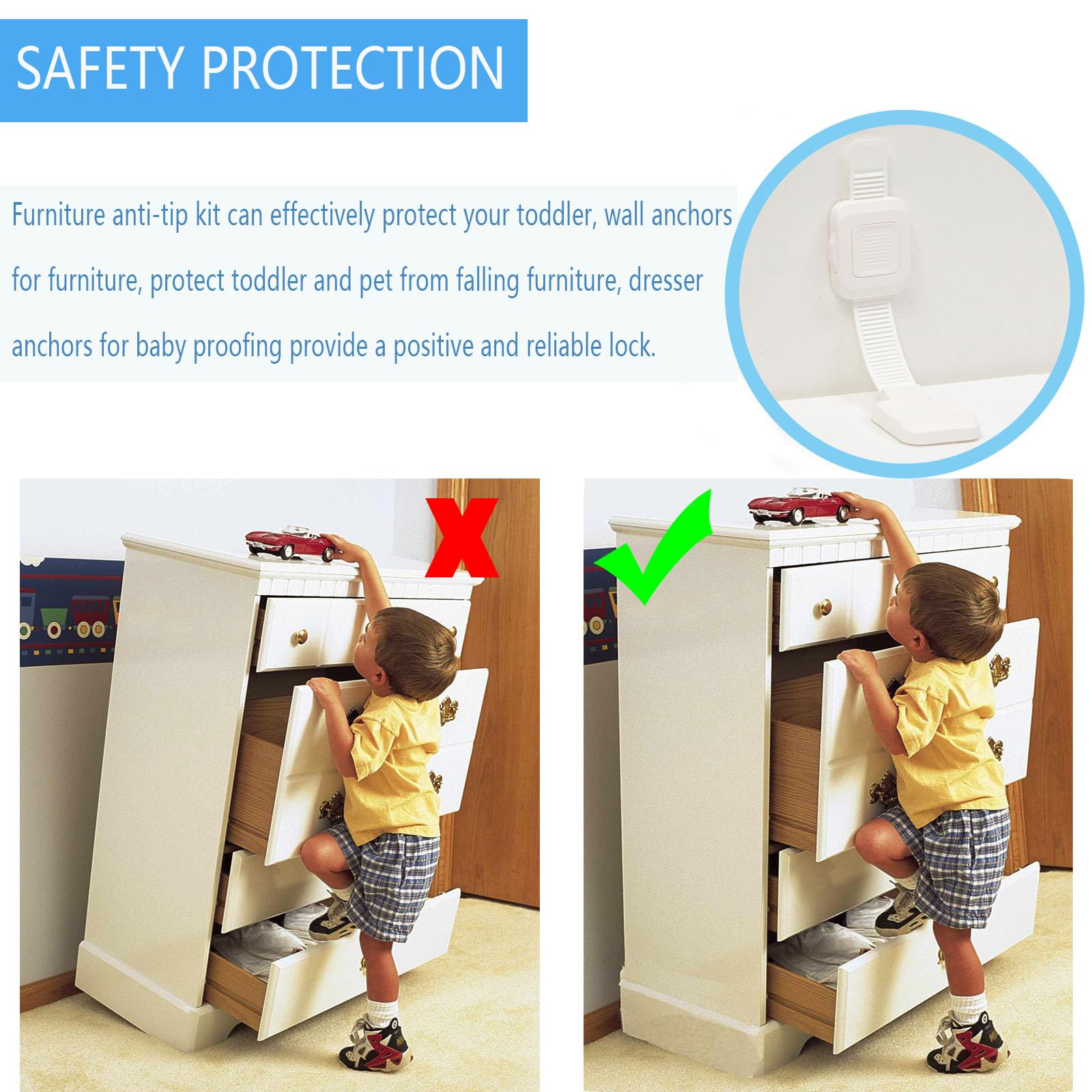 YEYA anti-tip design securing a dresser against tipping risk.