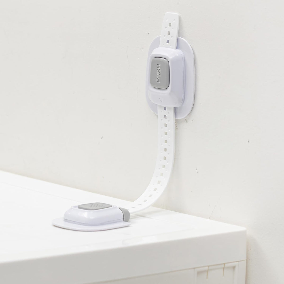 YEYA No Drill Anti Tip Strap on wall adhesive for damage-free baby-proofing on tall dressers.
