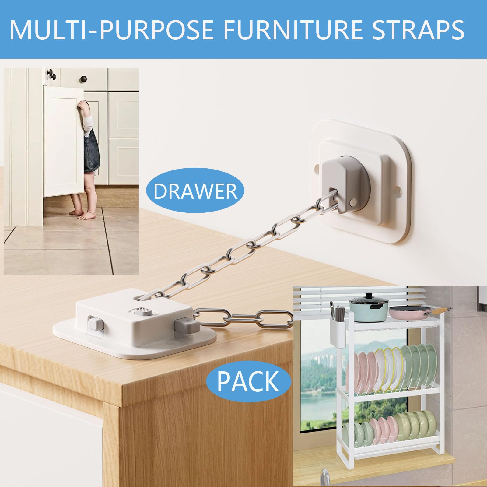 YEYA universal-fit design shown fitting dresser, bookshelf, bunk bed, and leaning mirror.