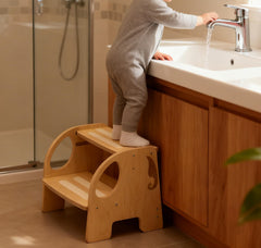 YHANEC wooden toddler step stool with adjustable height for growing kids.