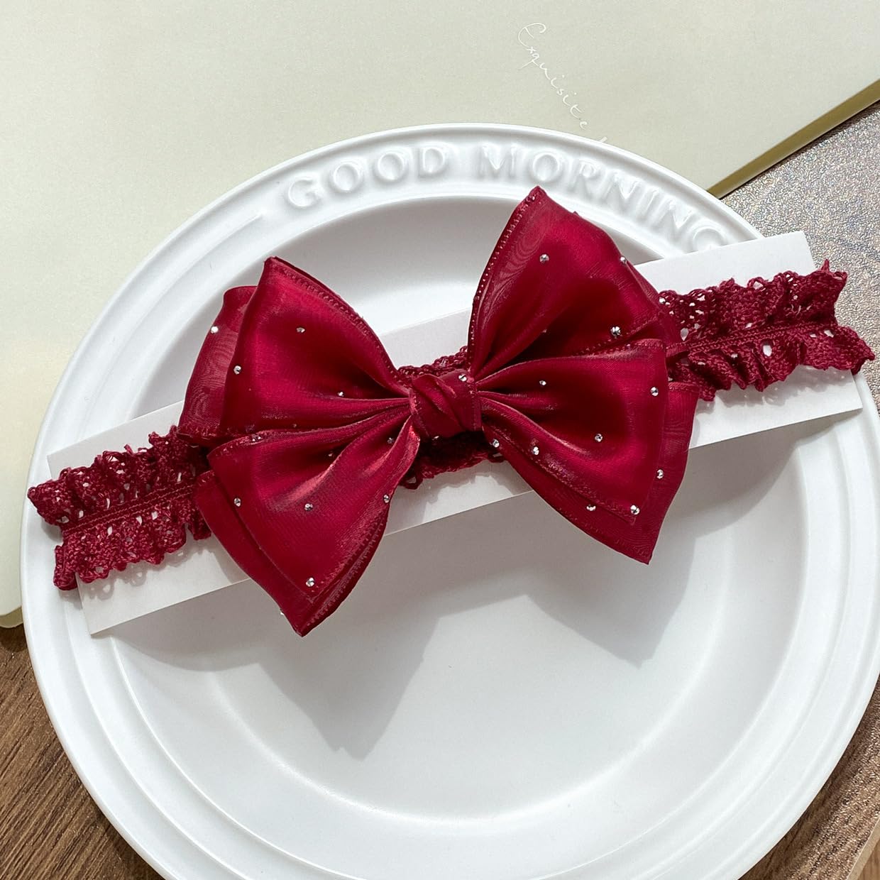 Yheahin satin-crystal bow close-up shows delicate sparkle for party-ready looks.