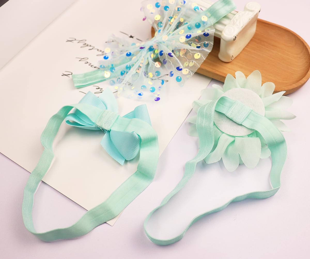 Yheahin green flower bow headband—one-size-fits-all for infants and toddlers.