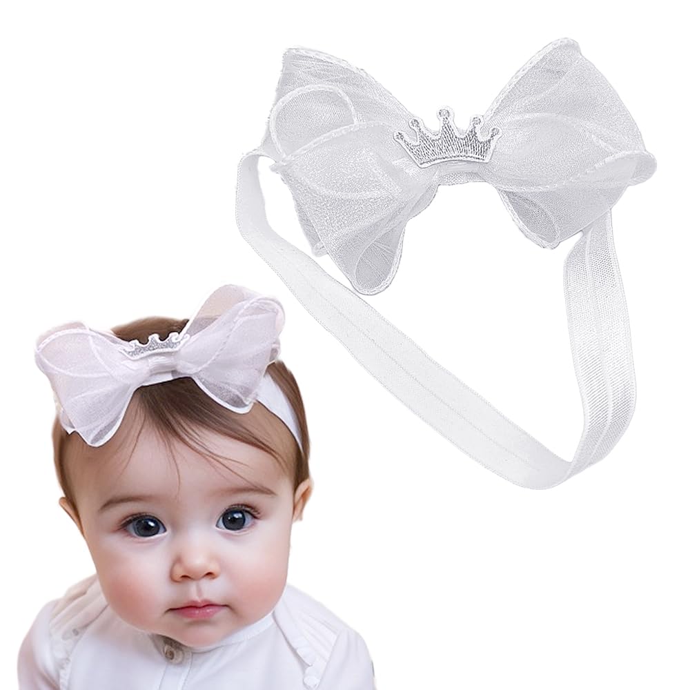 Yheahin white lace baptism headband with flower bow for christening-ready outfit