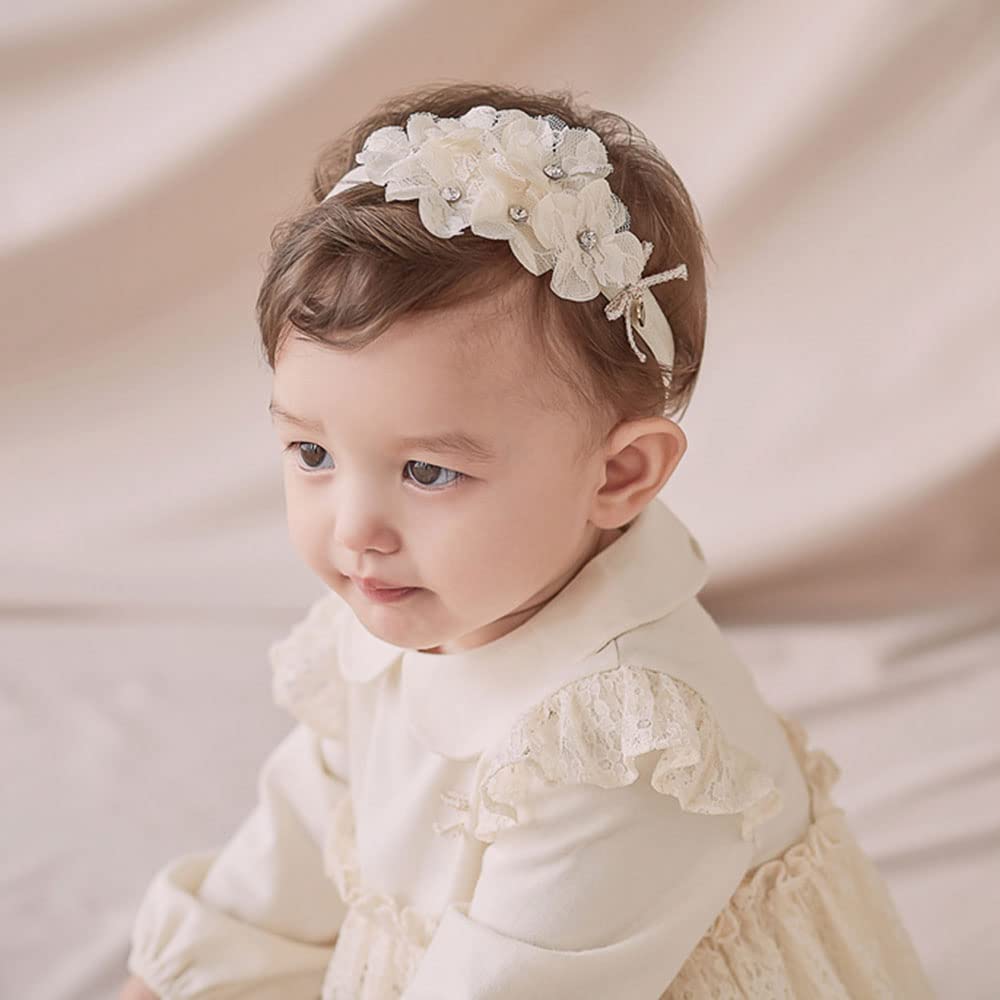 Yheahin White Lace Flower Headband side view, soft stretch for comfy wear