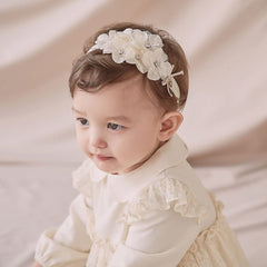 Yheahin White Lace Flower Headband side view, soft stretch for comfy wear