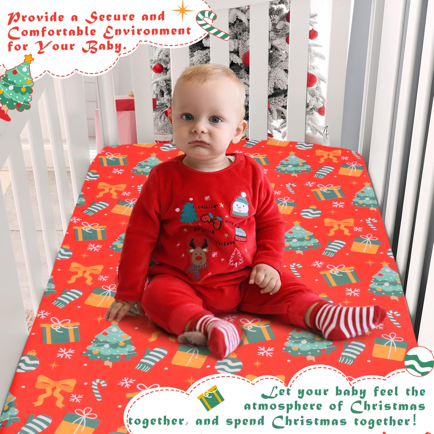 YHITBG Christmas crib sheet 52 by 28 inches demonstrates a flawless fit.