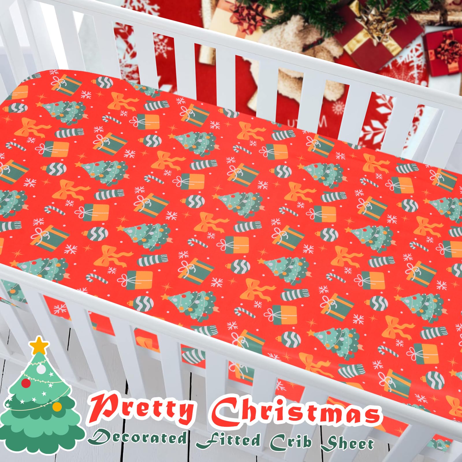 YHITBG Christmas crib sheet close-up shows ultra-soft fabric for gentle baby skin.