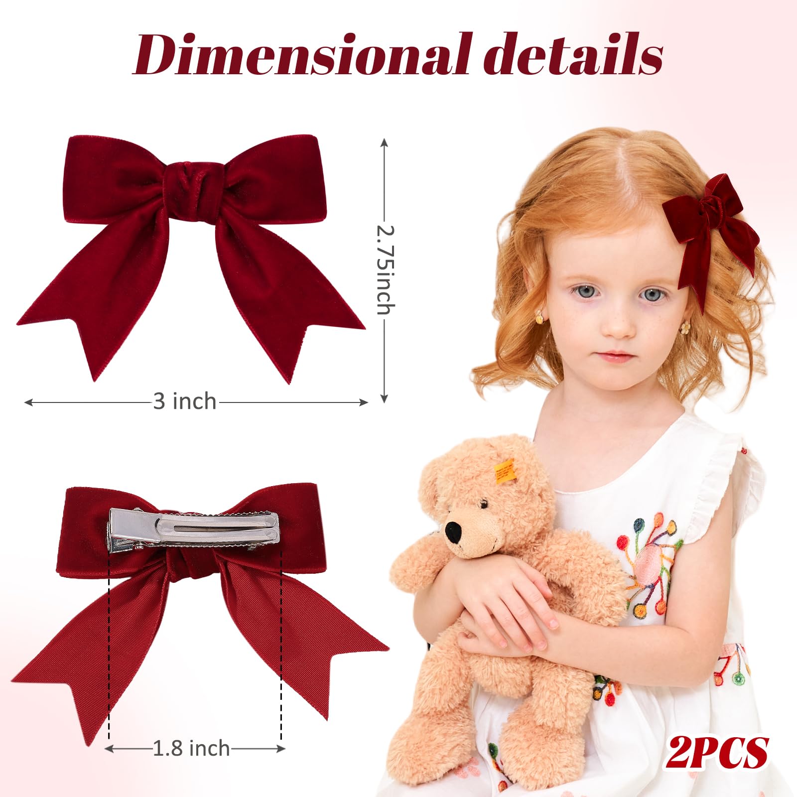 Yhlen wine red velvet bow in hair with a secure alligator clip.