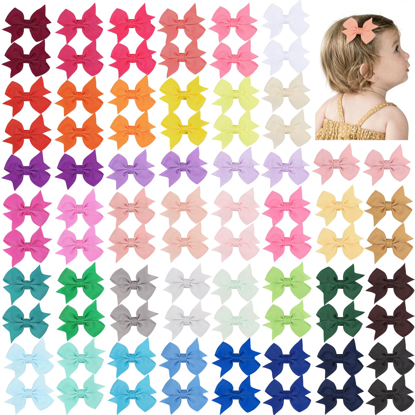 YHXX YLEN 2-inch baby bow close-up shows a secure alligator clip for tidy hair.