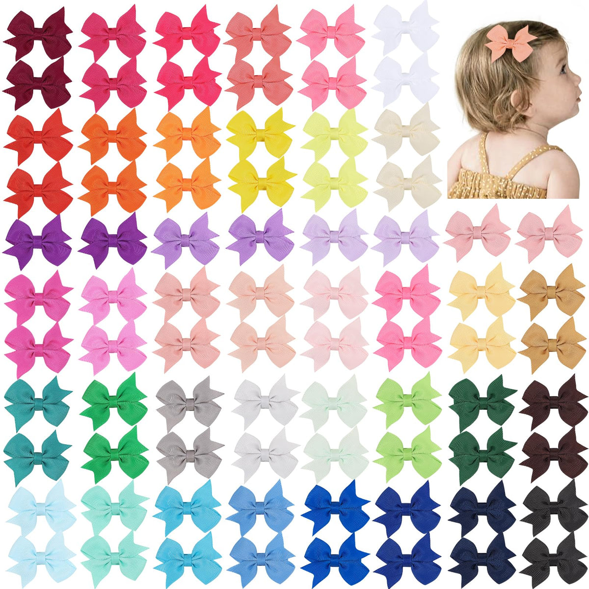 YHXX YLEN 2-inch baby bow close-up shows a secure alligator clip for tidy hair.