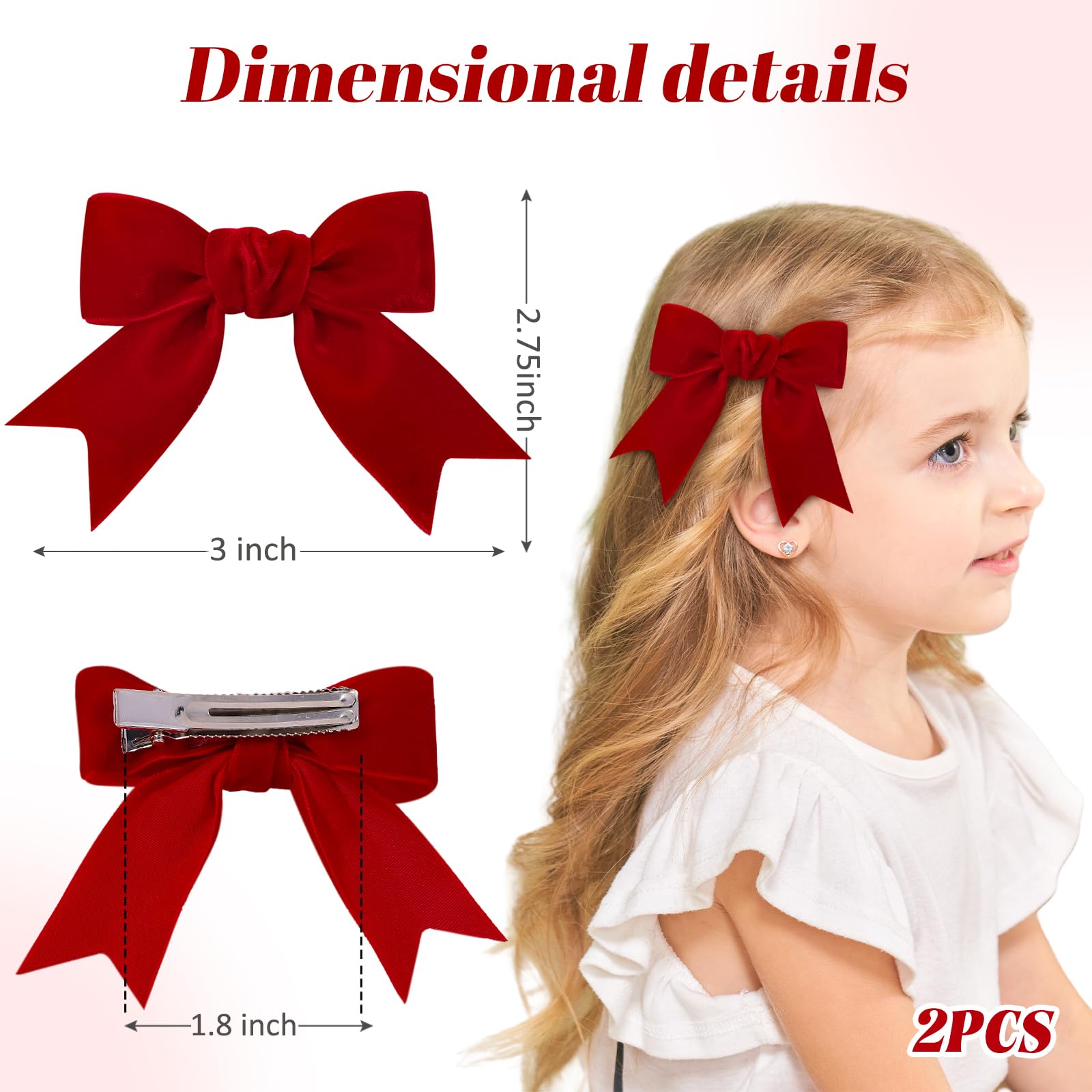 YHXX YLEN red velvet bows side view, adds playful charm to pigtails.