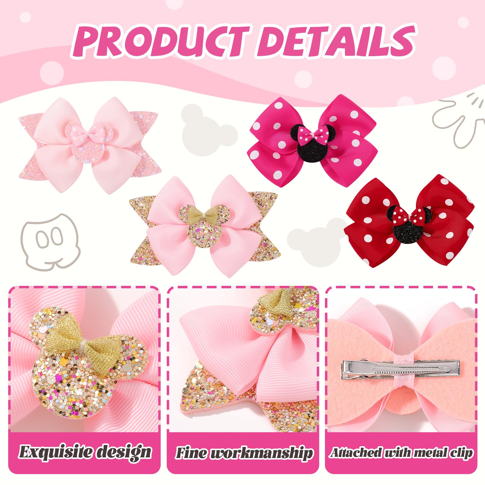 YHXX YLEN mouse ears bow clip closeup shows secure alligator clip
