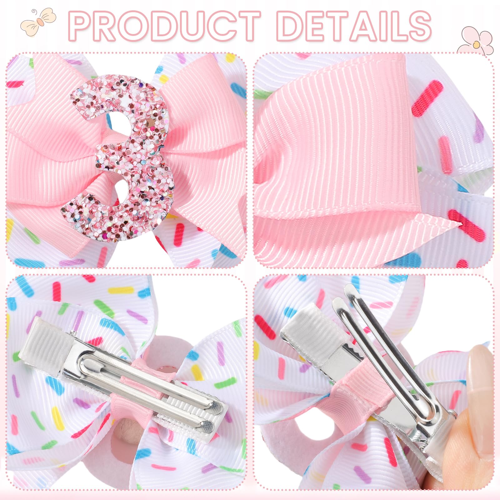 YHXX YLEN glitter-number-3 bow highlights celebratory feel and keeps hairstyle in place.