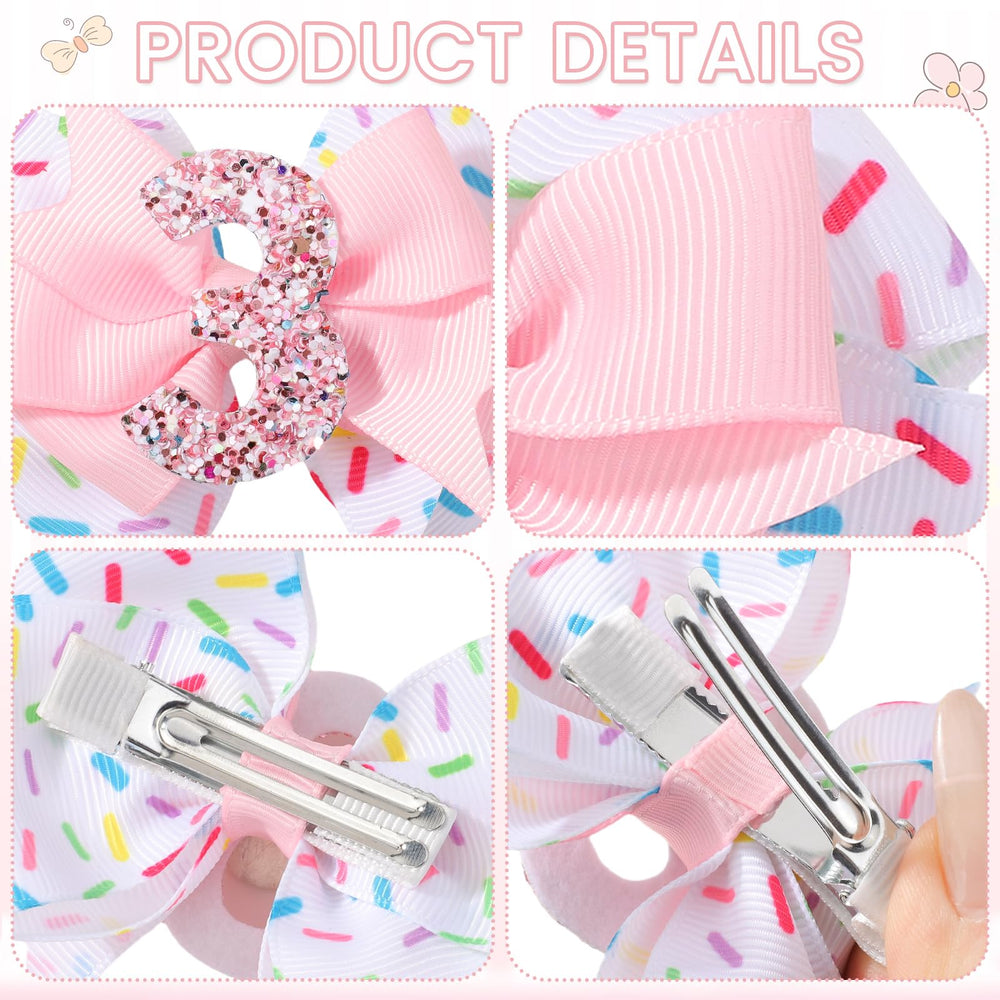 YHXX YLEN glitter-number-3 bow highlights celebratory feel and keeps hairstyle in place.