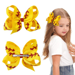 YHXX YLEN softball bow yellow closeup showing red glitter stitching for stylish pigtails.