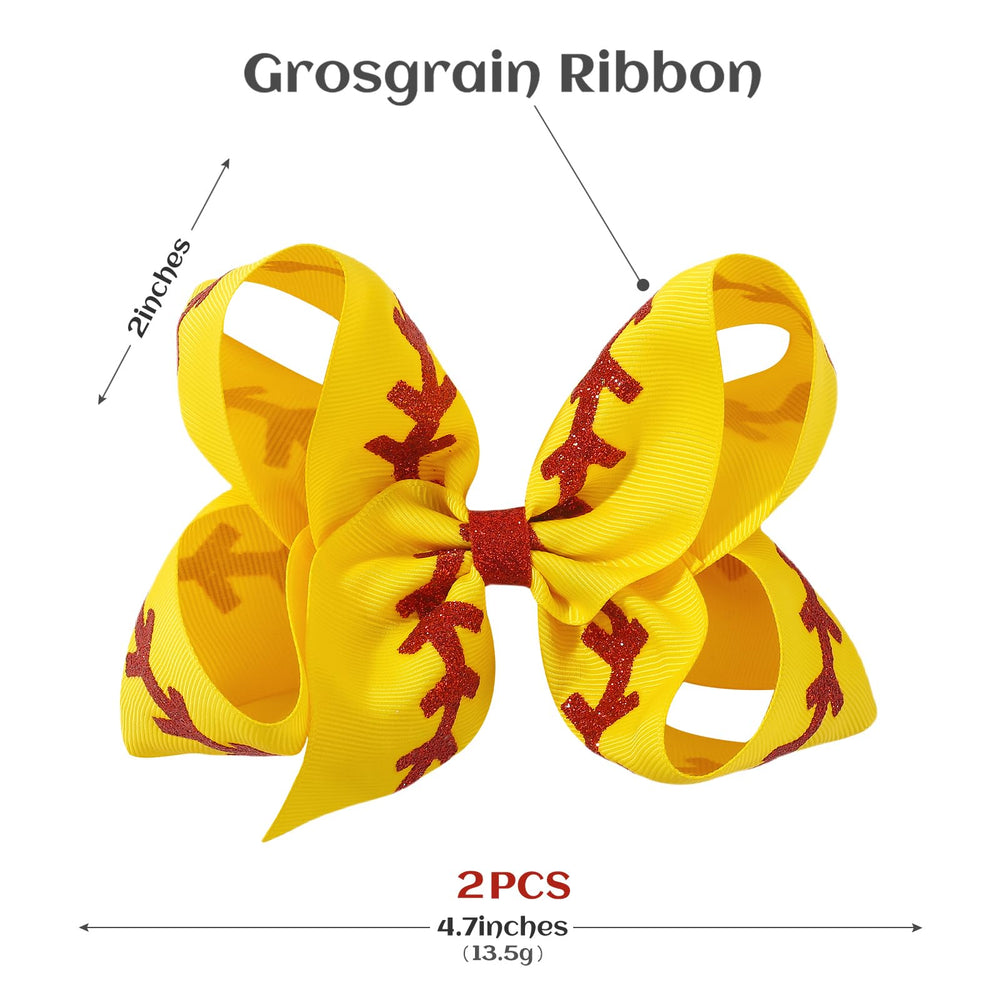 YHXX YLEN softball bow yellow on pigtails demonstrates secure, non-slip clips.
