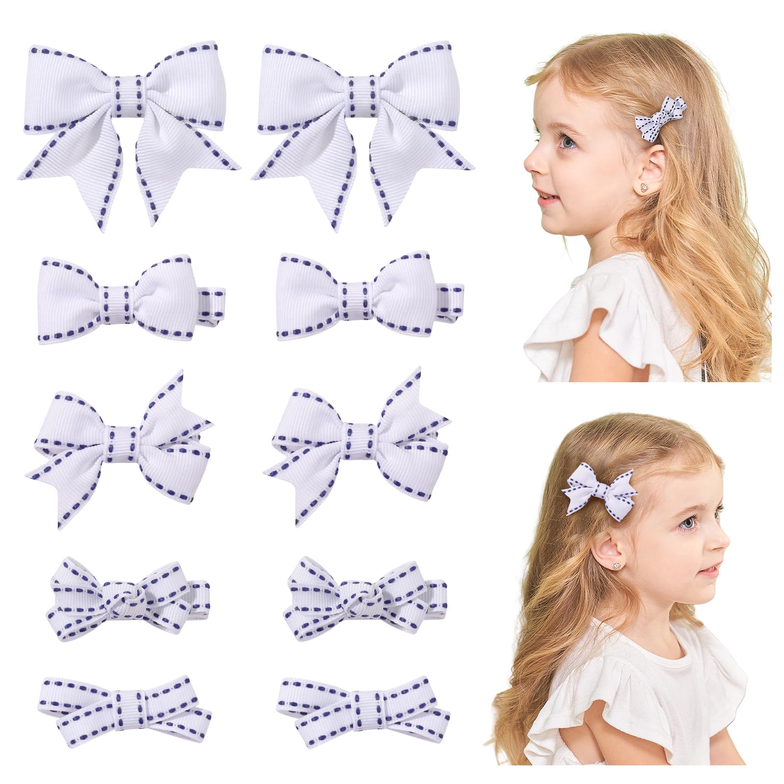YHXX YLEN white bows on 2-inch stitch-edge clips for secure toddler hairstyles.