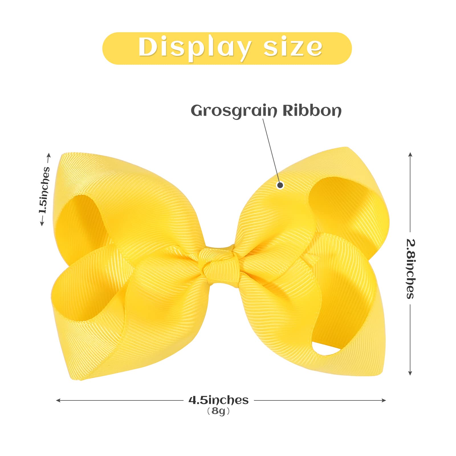 YHXX YLEN yellow hair bows close-up shows durable grosgrain ribbon texture.