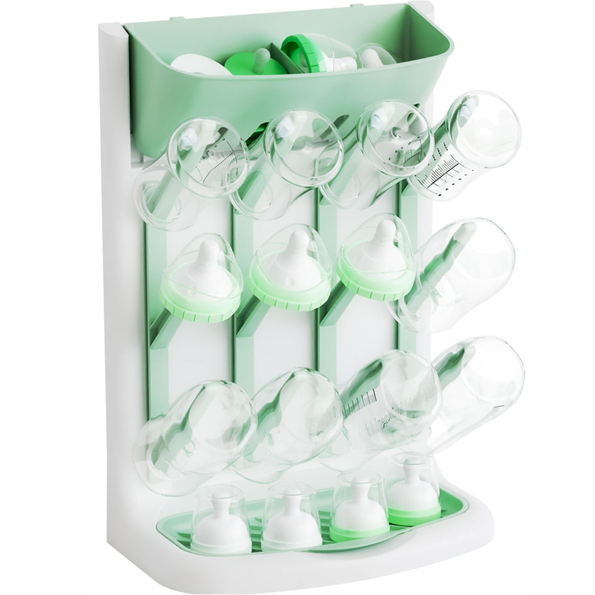 Yieach vertical space-saving drying rack green shown holding bottles for compact storage