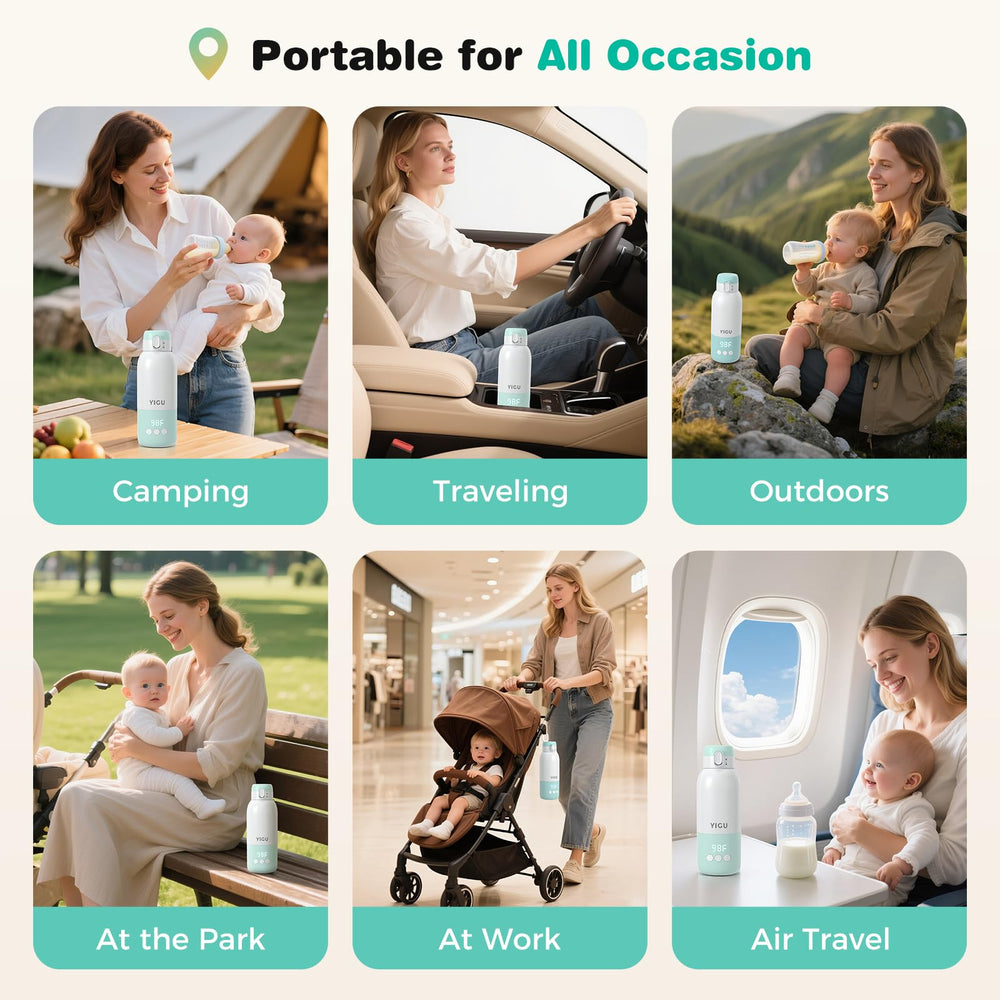 YIGU travel-friendly bottle warmer fits in a diaper bag for city trips.