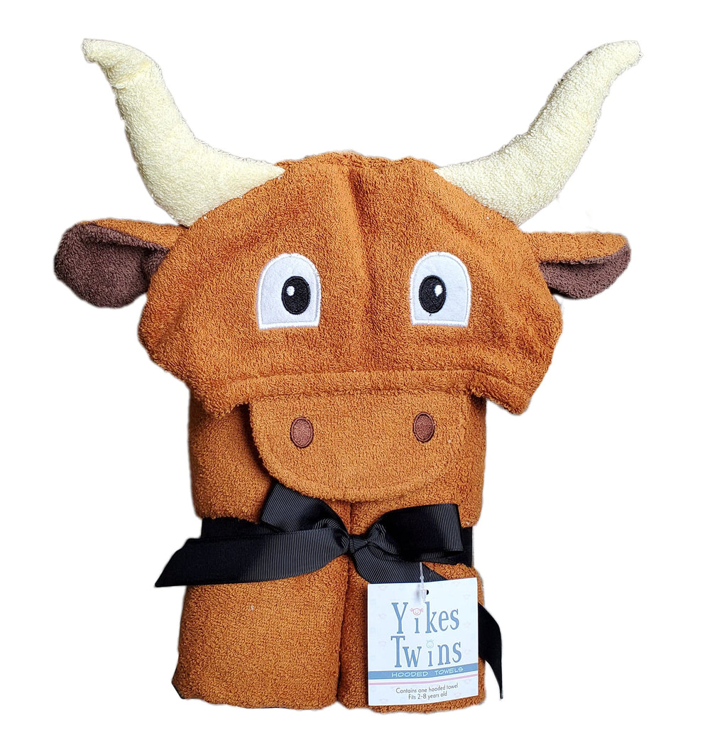 Yikes Twins hooded towel with longhorn ears and horns, ideal for playful bath time.