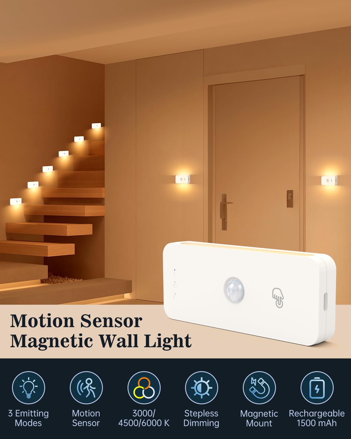 Yiliaw motion sensor night light mounted on metal surface with magnetic mount for stairs.