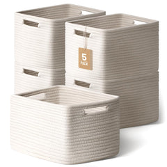 Yilobi 5-pack white woven baskets on shelf for tidy toy and book storage