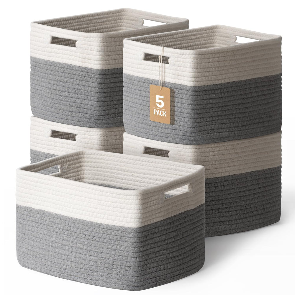 Yilobi 5-pack cotton rope baskets for toy storage on shelves.