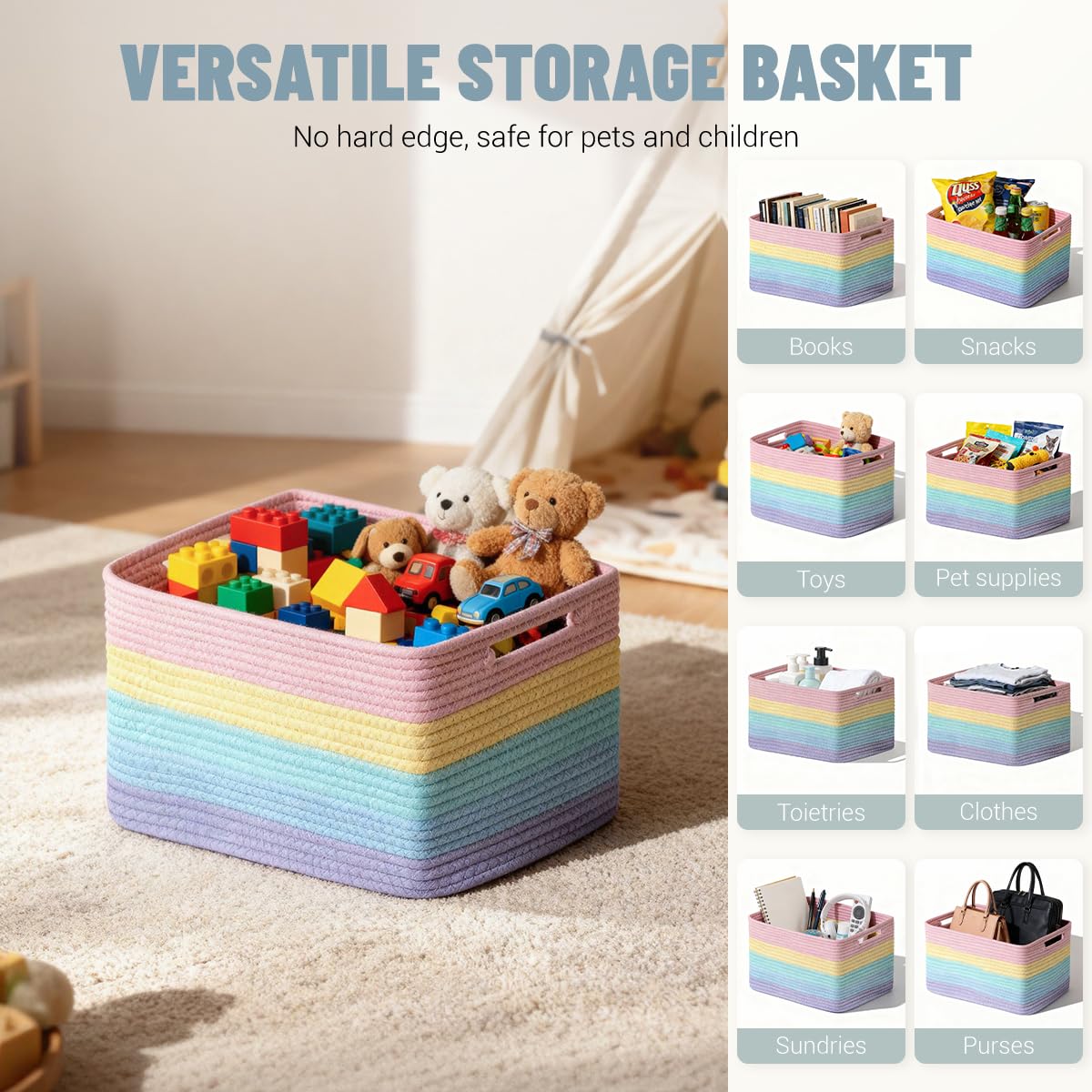 Yilobi basket in playroom with reinforced handles for easy carrying