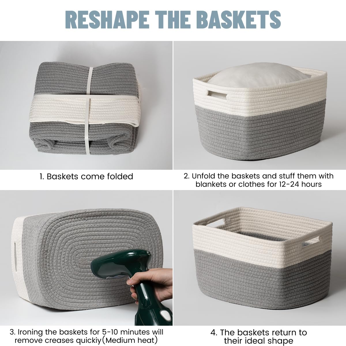Yilobi gray and white baskets optimize kitchen storage and display.