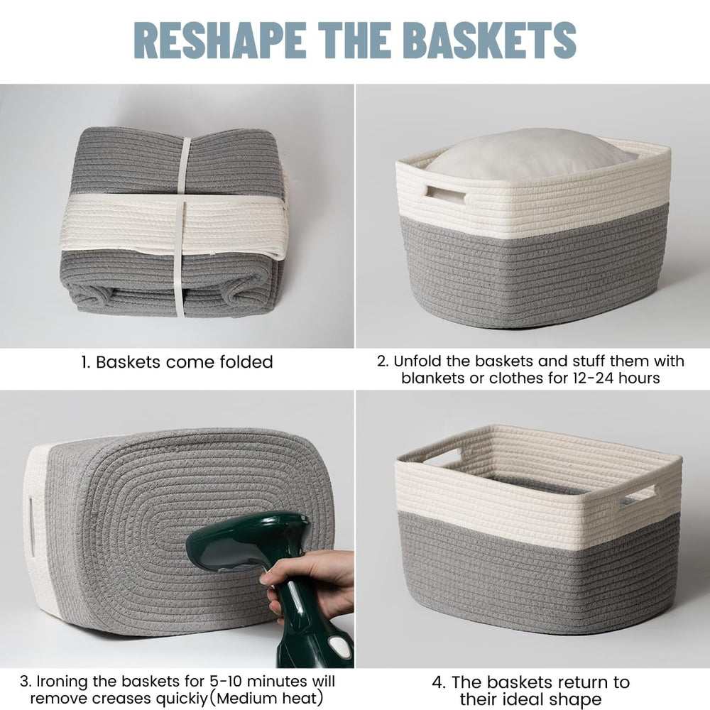 Yilobi gray and white baskets optimize kitchen storage and display.