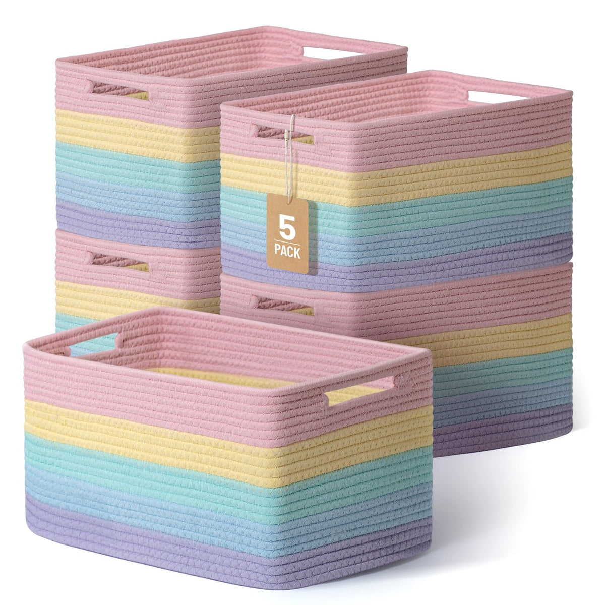 Yilobi rainbow woven storage baskets on shelf for toy organization and colorful decor