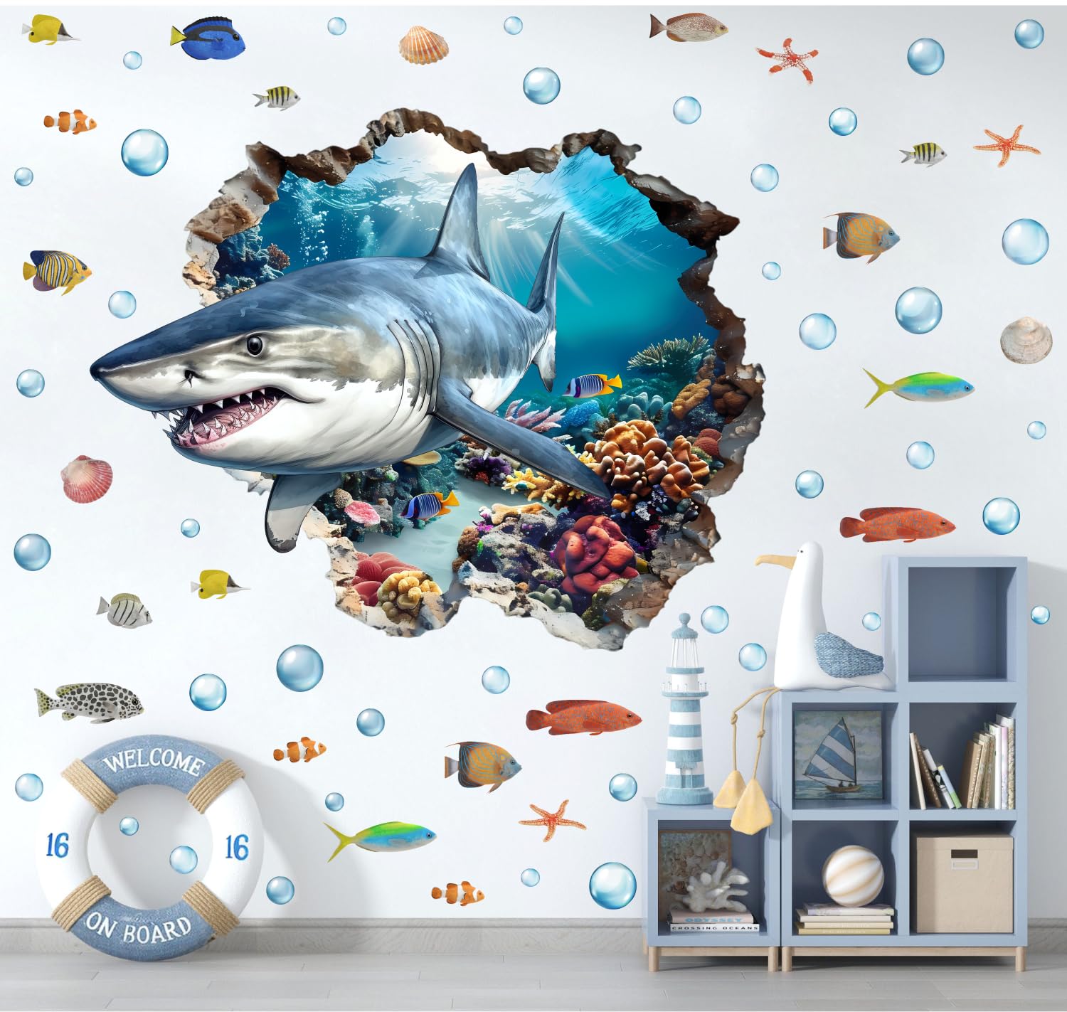 YIMEHDAN 3D shark wall decal assembly shows vibrant ocean scene for kids room