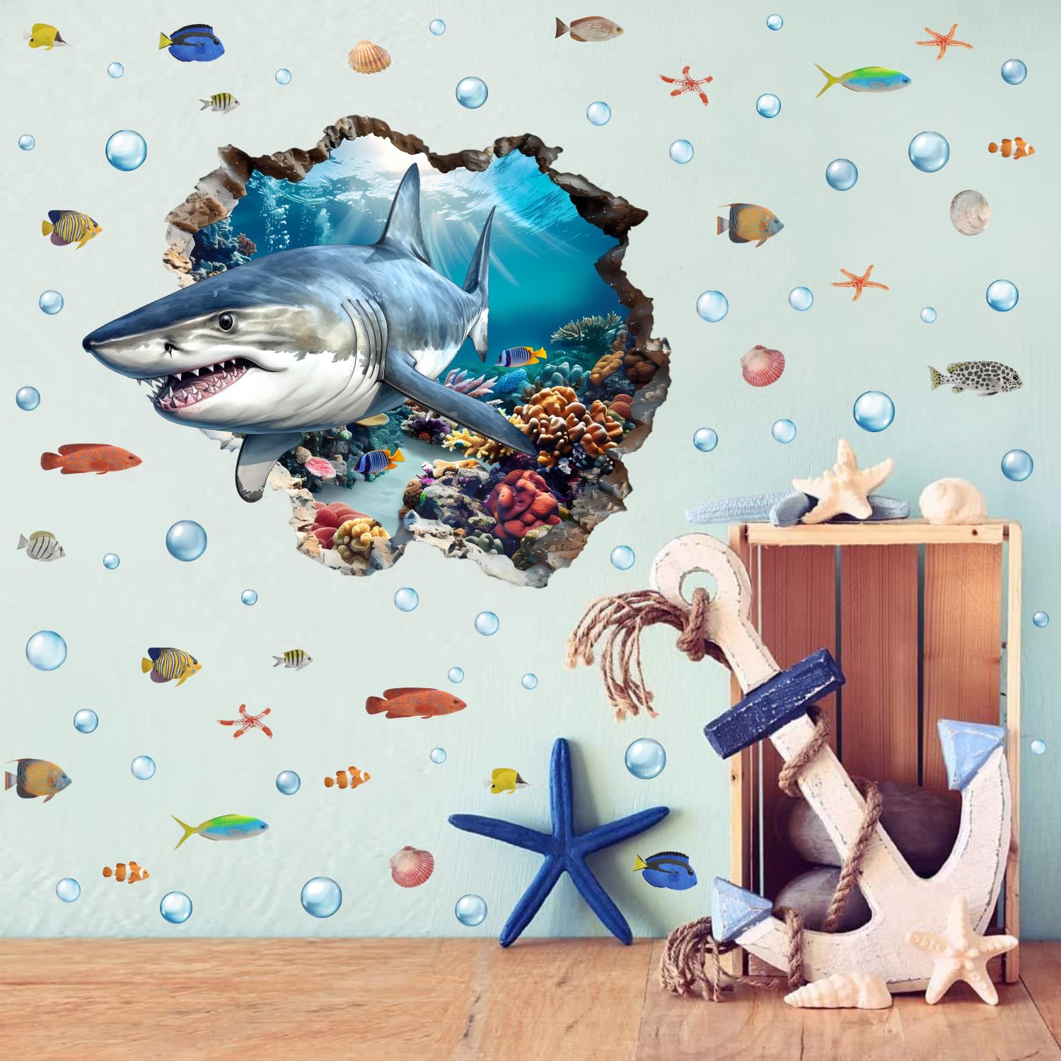 YIMEHDAN large 3D ocean shark decal creates dramatic wall focal point in bedrooms