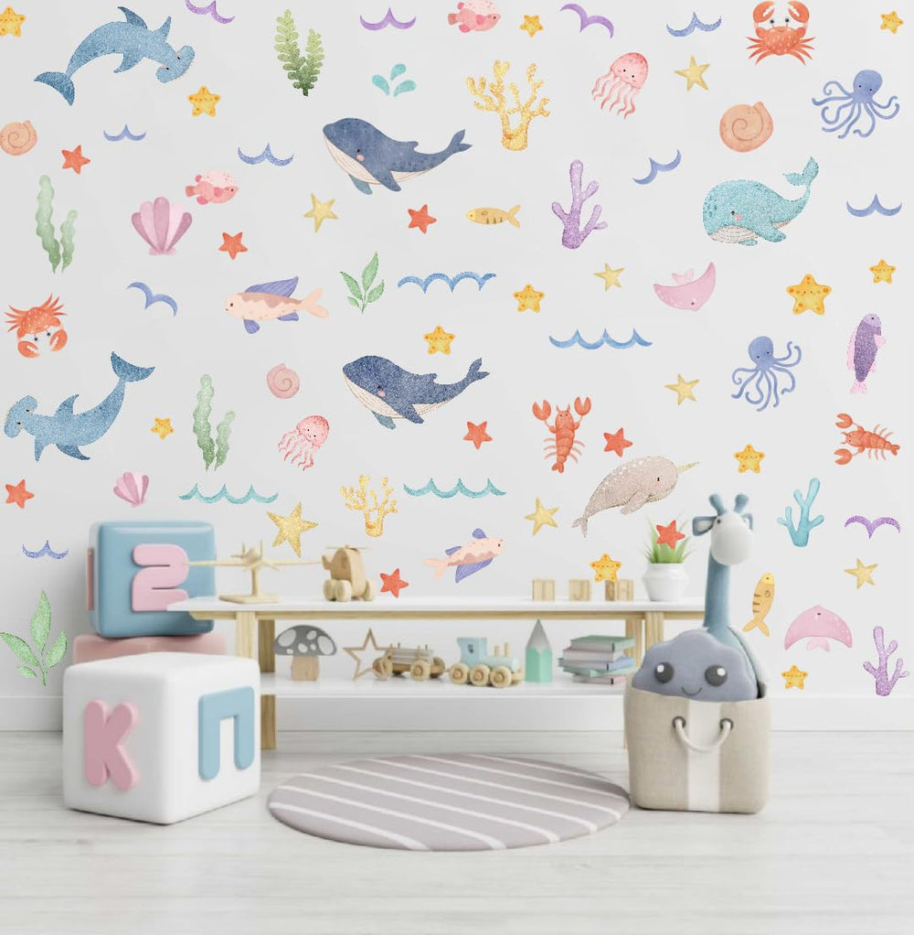 YIMEHDAN ocean wall decals with whales and dolphins for a calming baby bedroom ambiance.