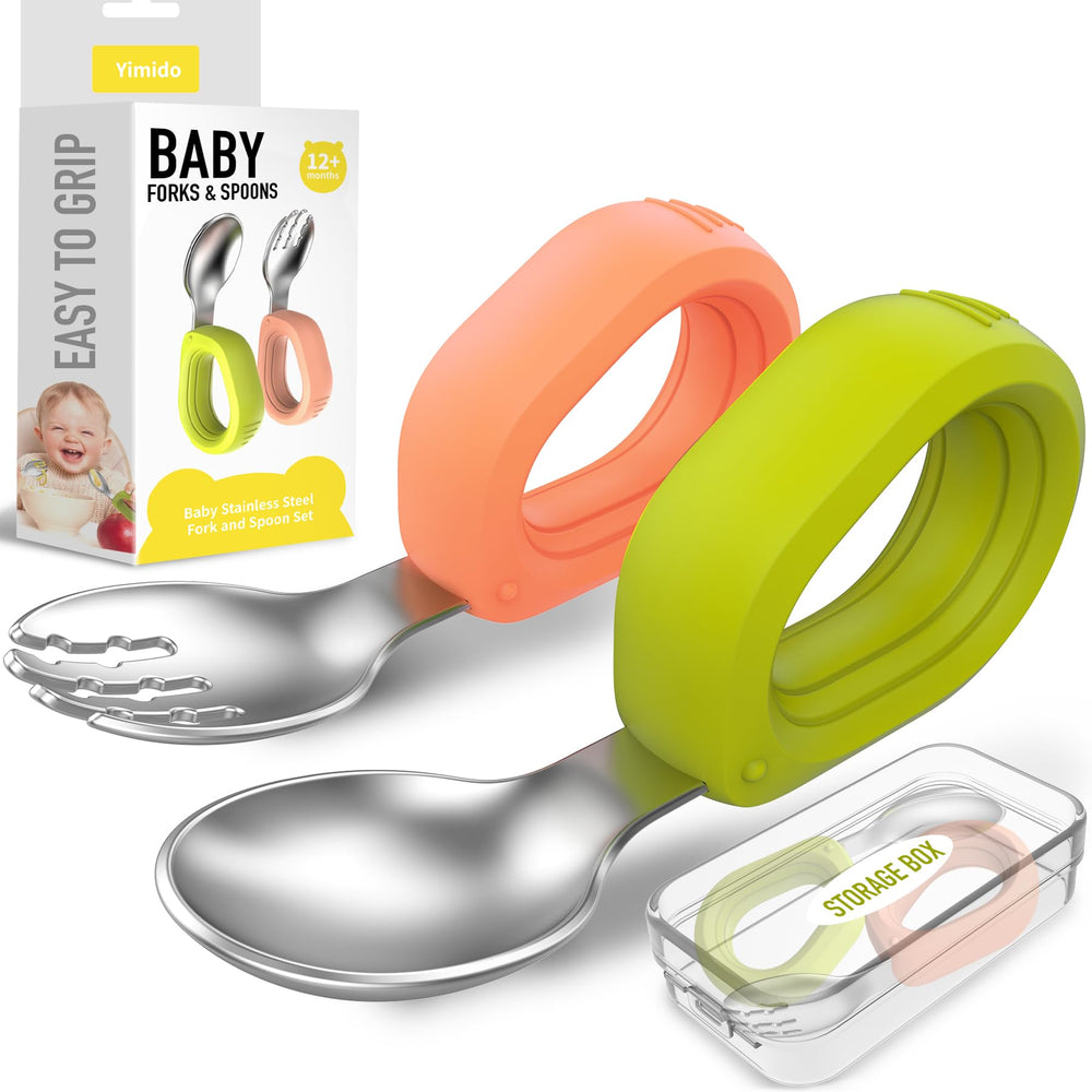 Yimido toddler utensils orange fork—kid-friendly design supports independent self-feeding.