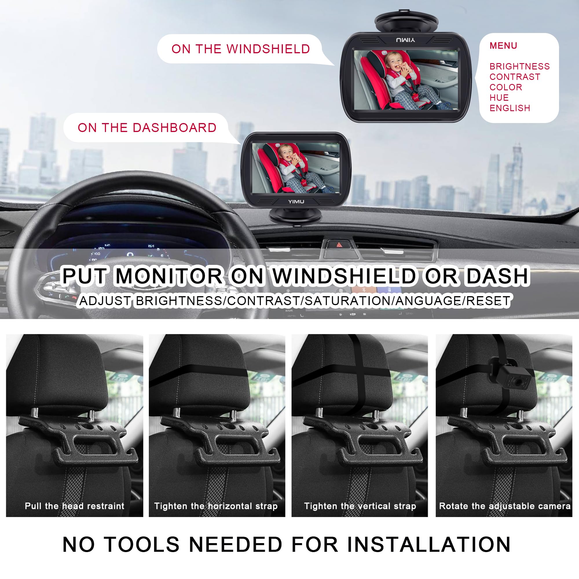 YIMU HD720P 360-degree rotatable camera for flexible backseat views.