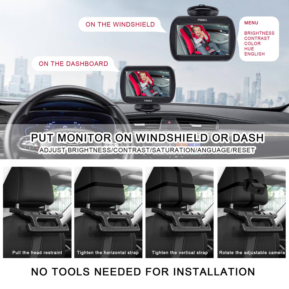 YIMU HD720P 360-degree rotatable camera for flexible backseat views.