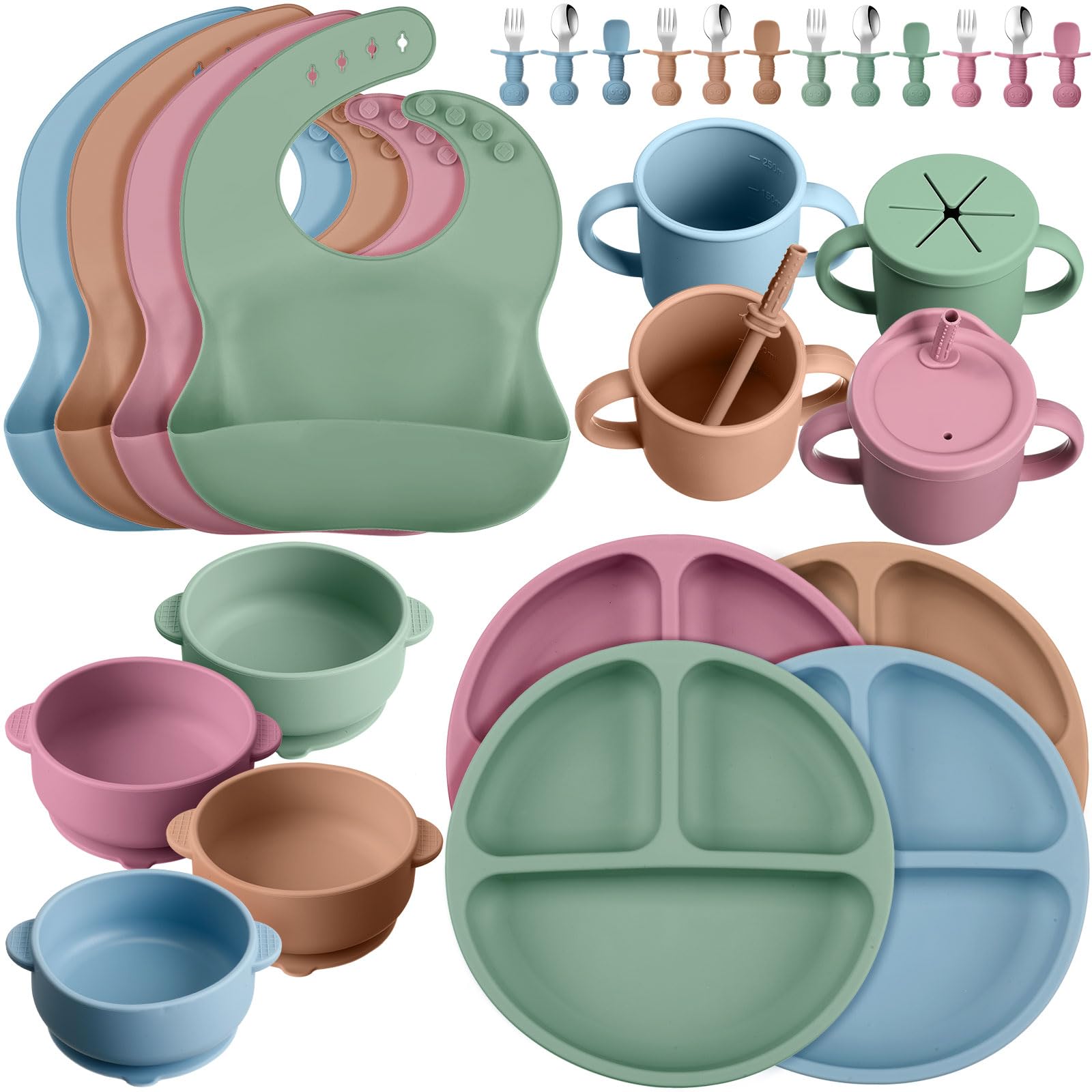 Yinder 32-pack silicone feeding set with suction divided plates for mess-free meals
