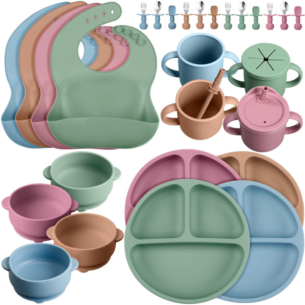 Yinder 32-pack silicone feeding set with suction divided plates for mess-free meals