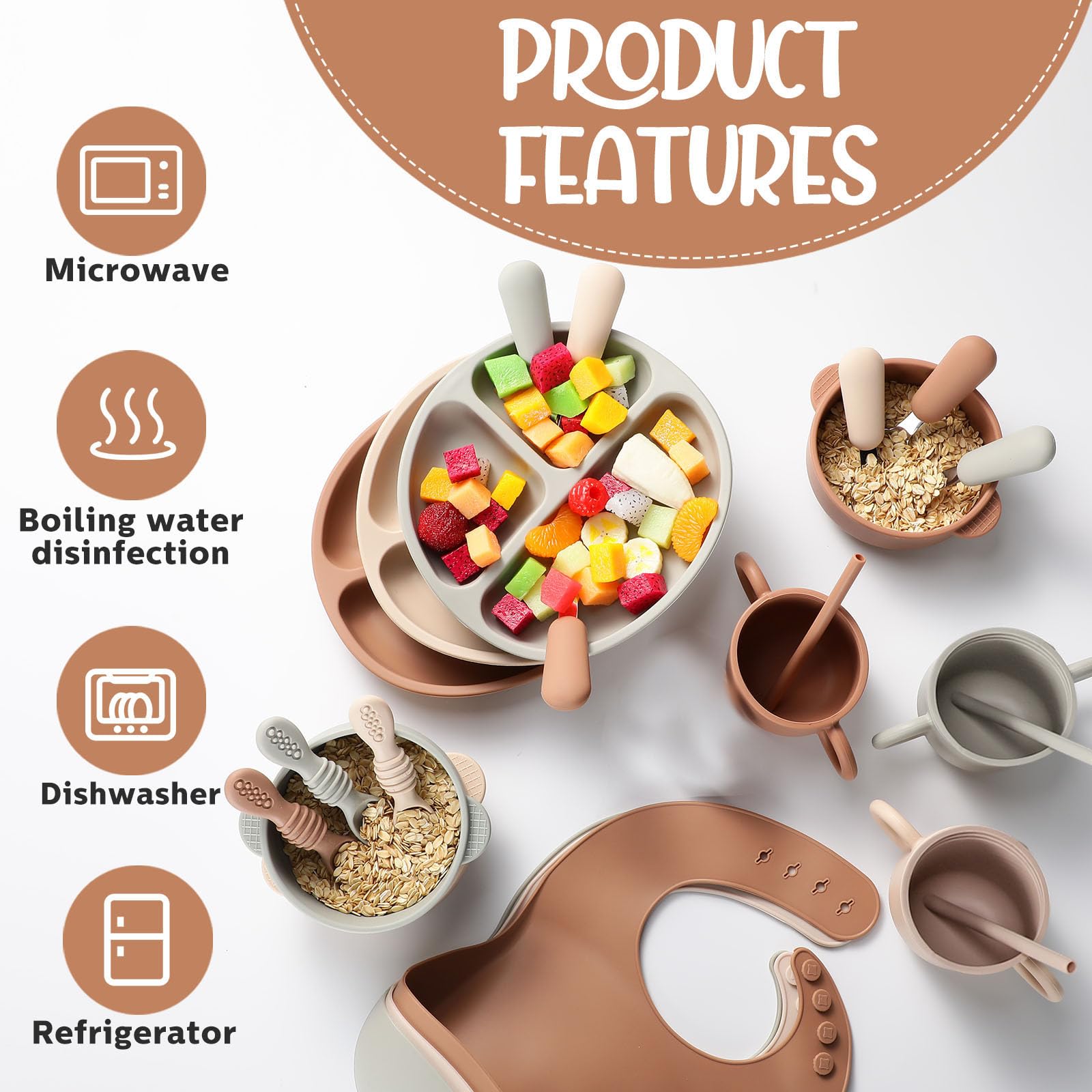 Yinder beige food bowl pairs with plates for orderly meals and self-feeding.
