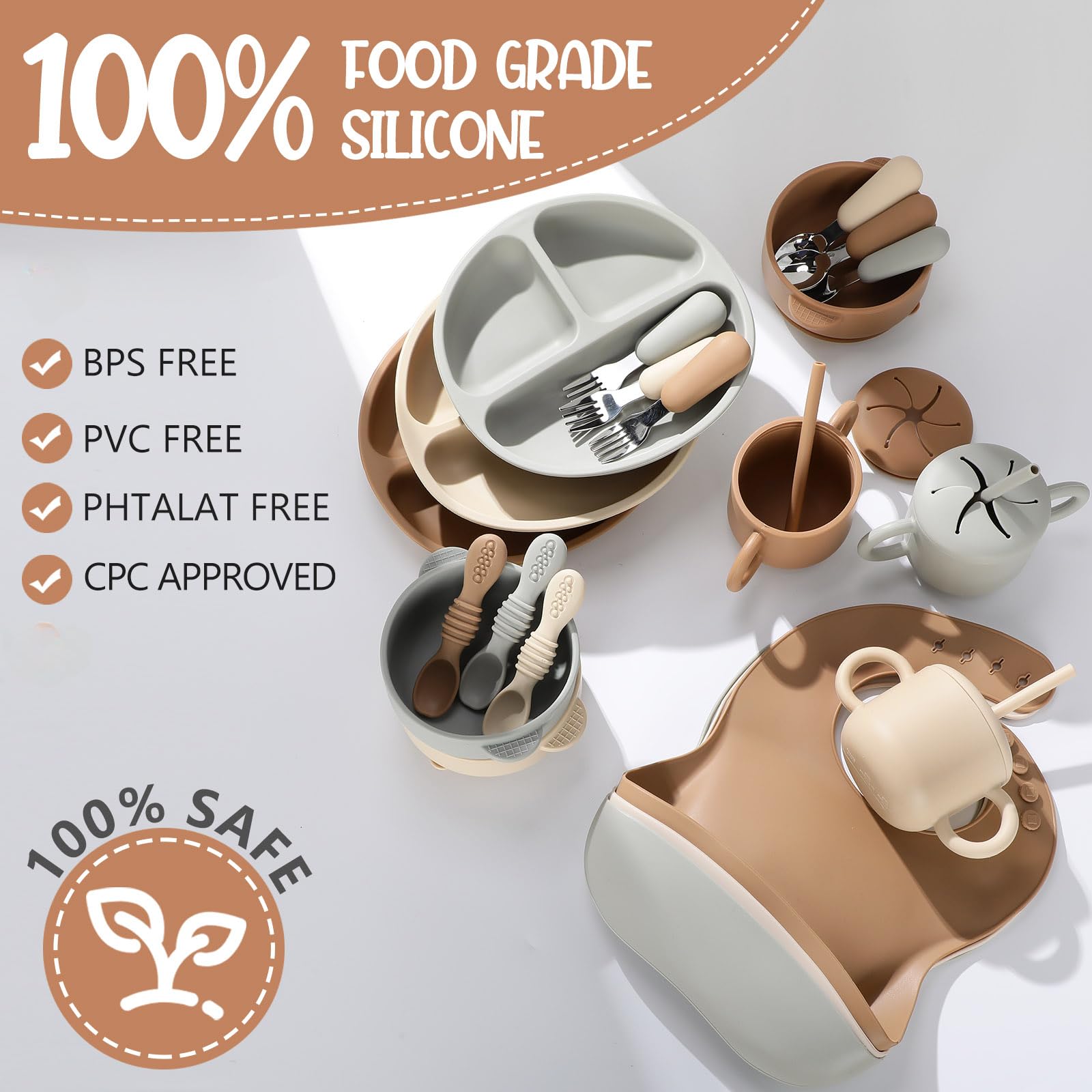 Yinder beige spoons and forks set for safe self-feeding exploration.